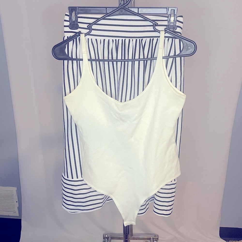 Two piece tank and blue/white striped skirt